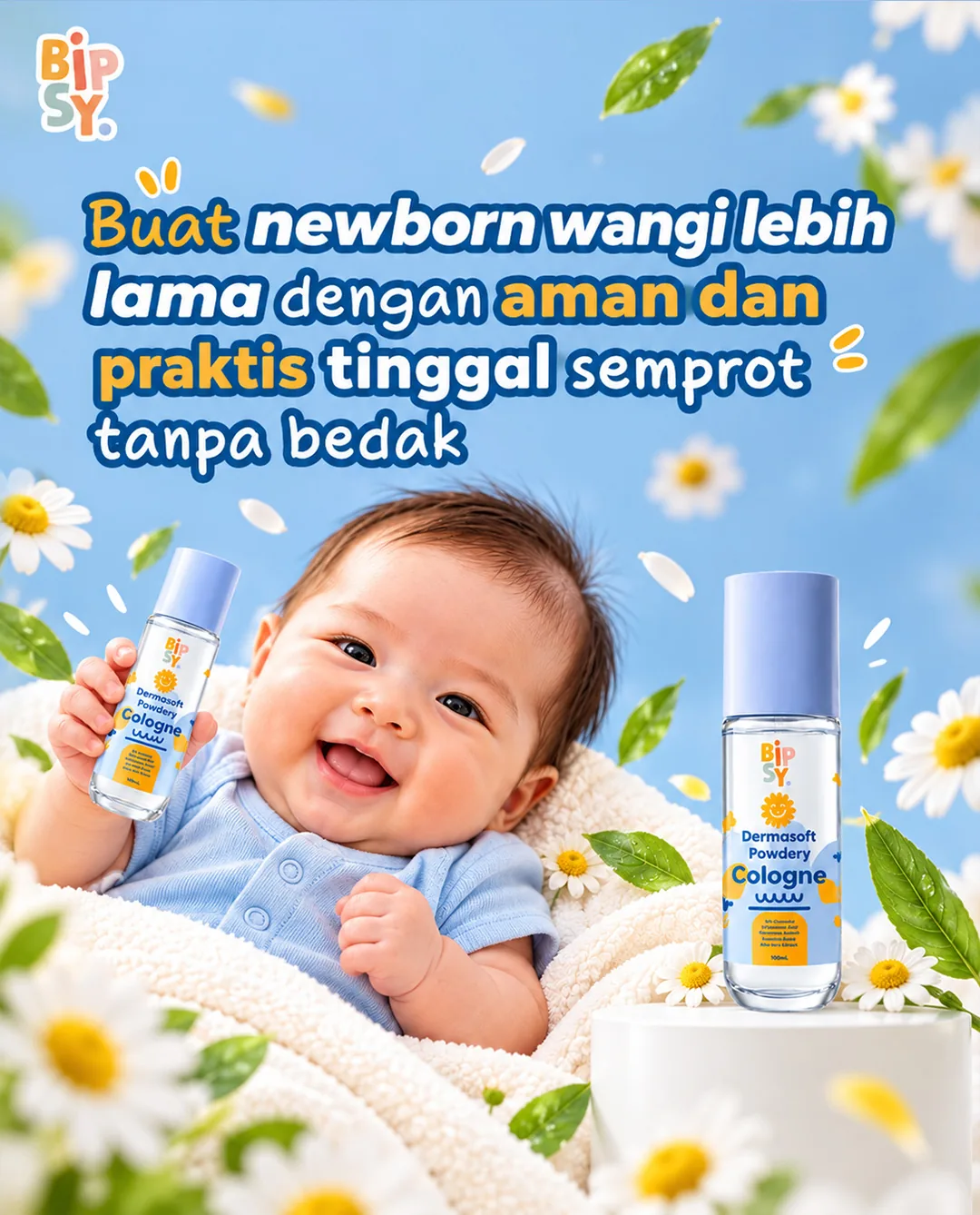 Bayi tersenyum memegang BIPSY Dermasoft Powdery Cologne